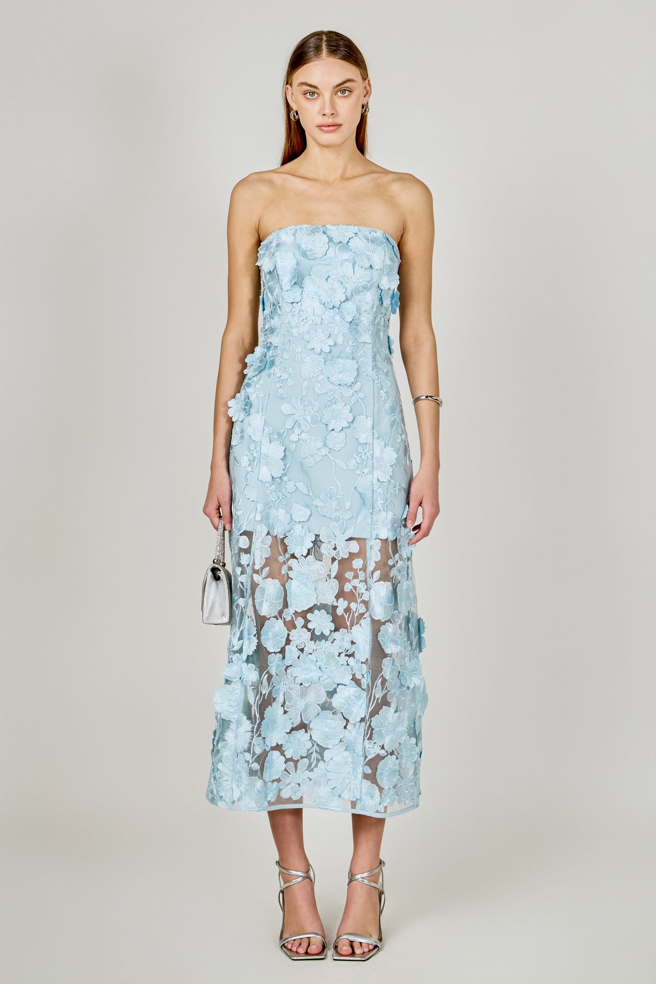 Icy Blue Strapless Floral Embroidered Maxi Dress