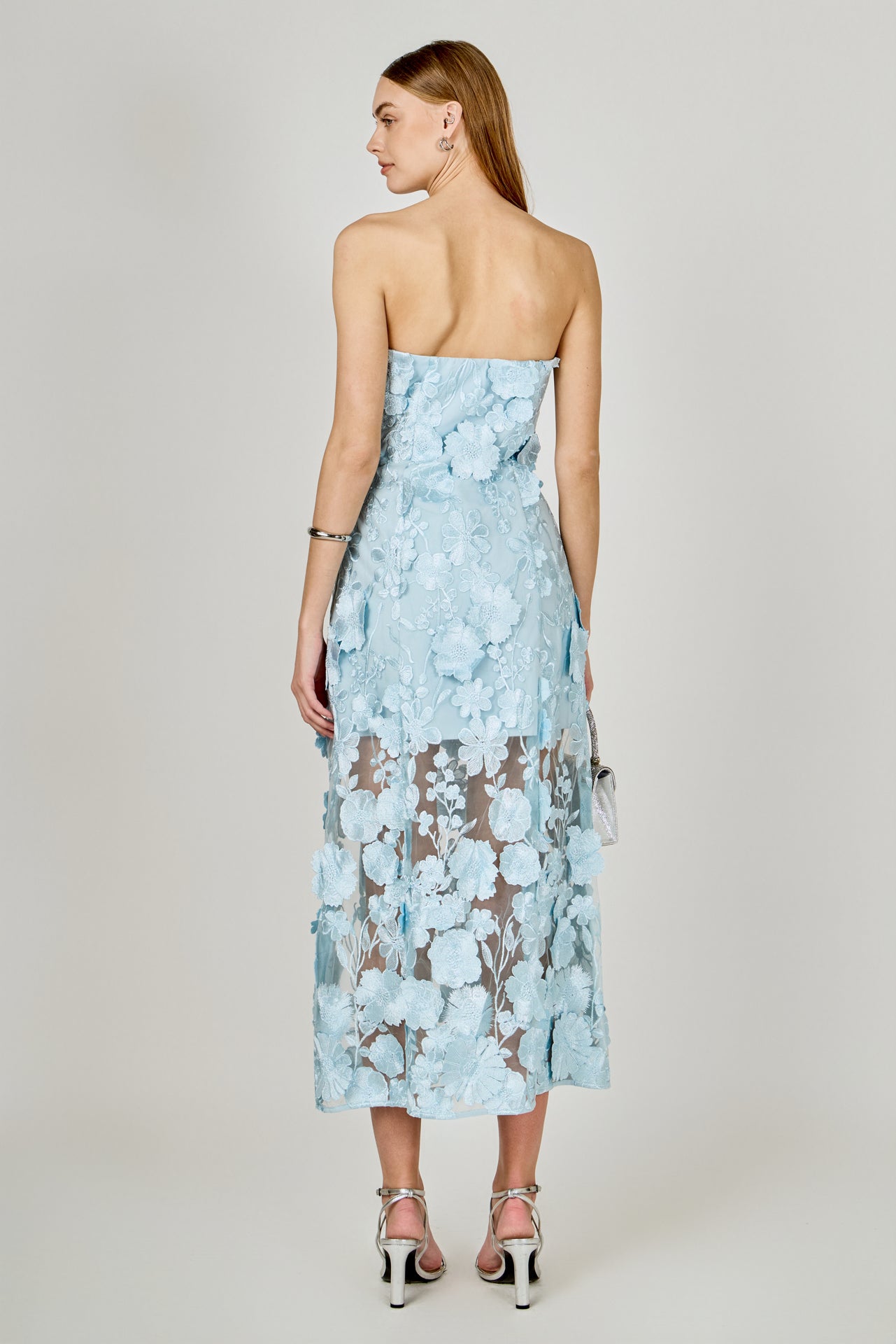 Icy Blue Strapless Floral Embroidered Maxi Dress