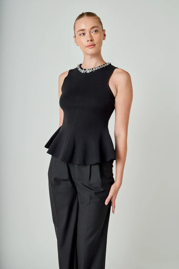 Endless Rose Black Jewel Trim Peplum Top