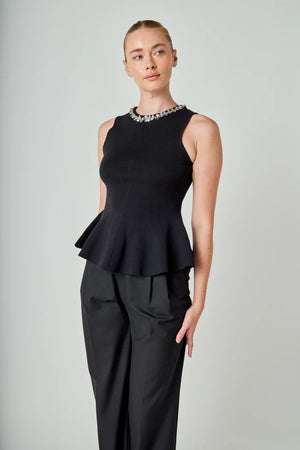Endless Rose Black Jewel Trim Peplum Top