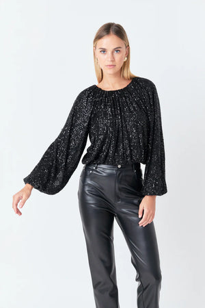 Endless Rose Jet Black Sequins Blouson Top (1 MEDIUM)