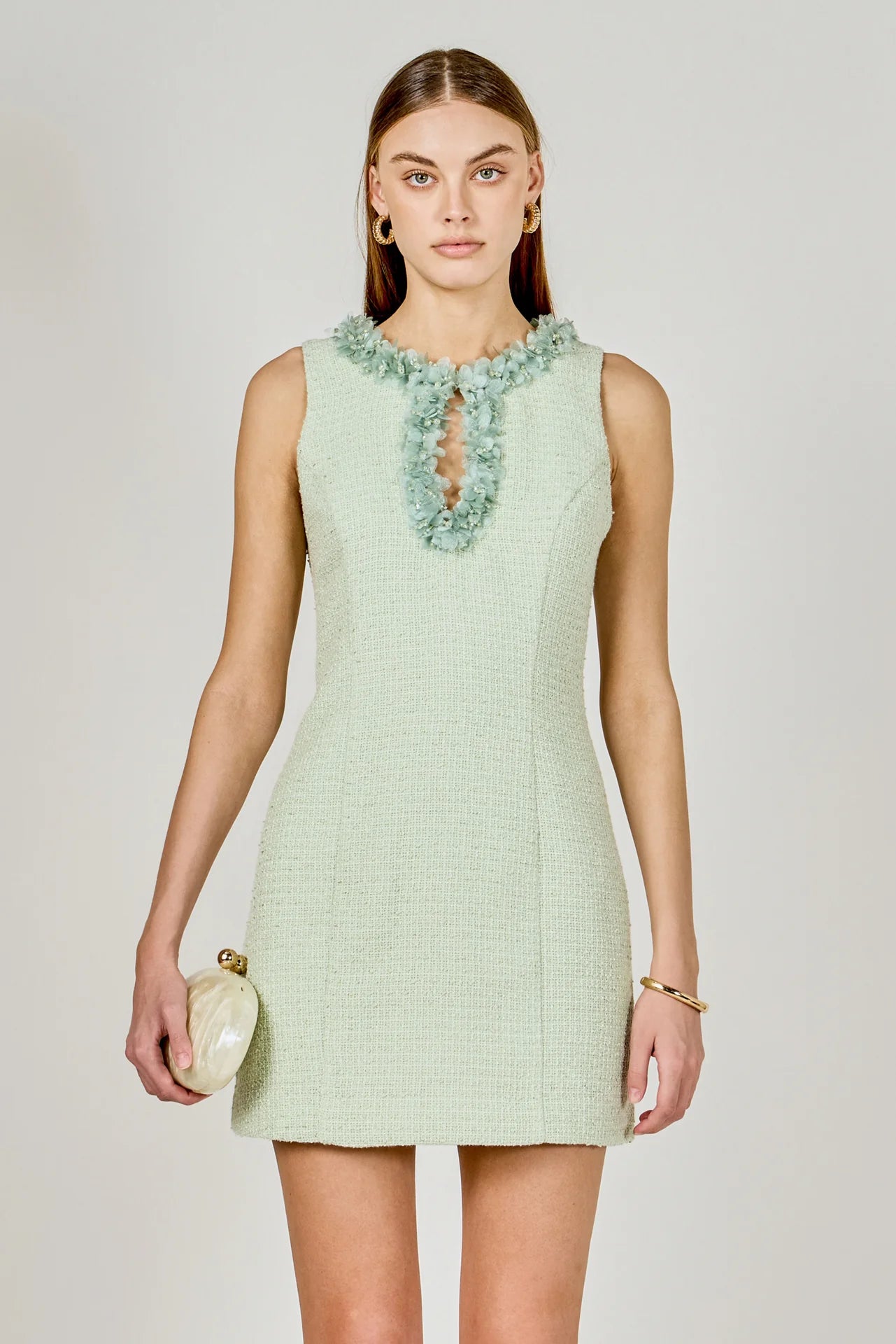Endless Rose | Pistachio Tweed + Floral Trim Dress
