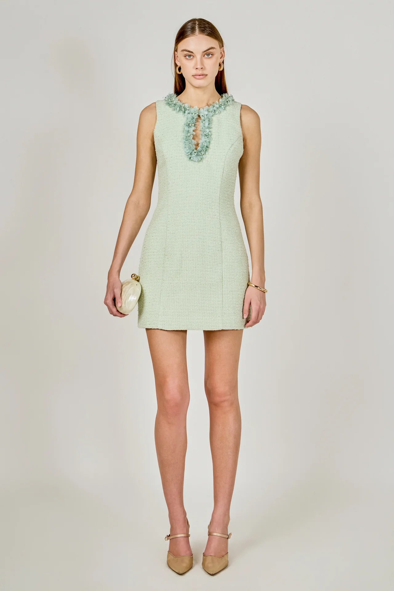 Endless Rose | Pistachio Tweed + Floral Trim Dress