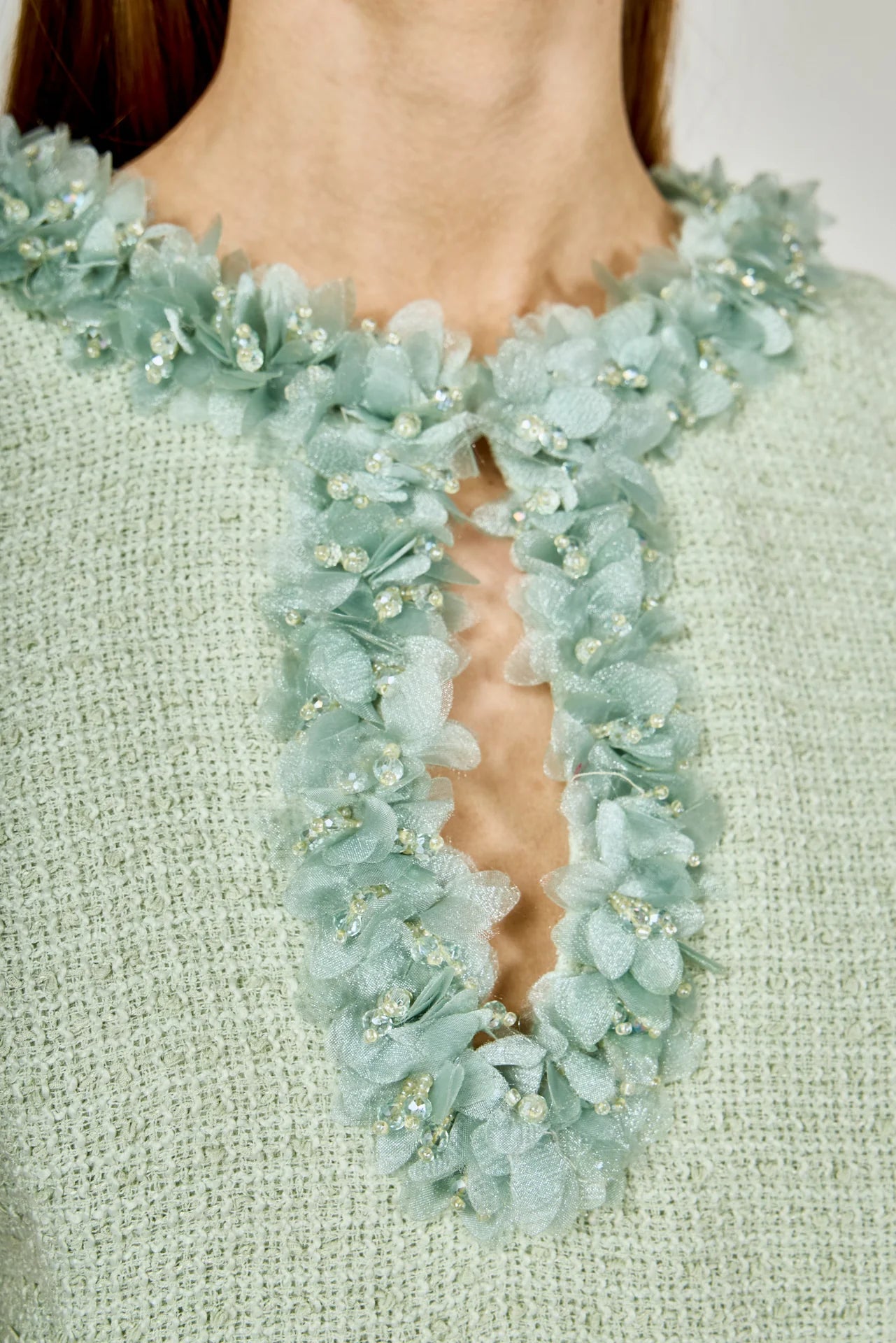 Endless Rose | Pistachio Tweed + Floral Trim Dress