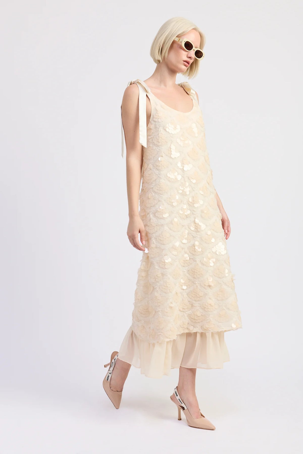 En Saison Ecru Sequin Tulle Tie Shoulder Midi Dress