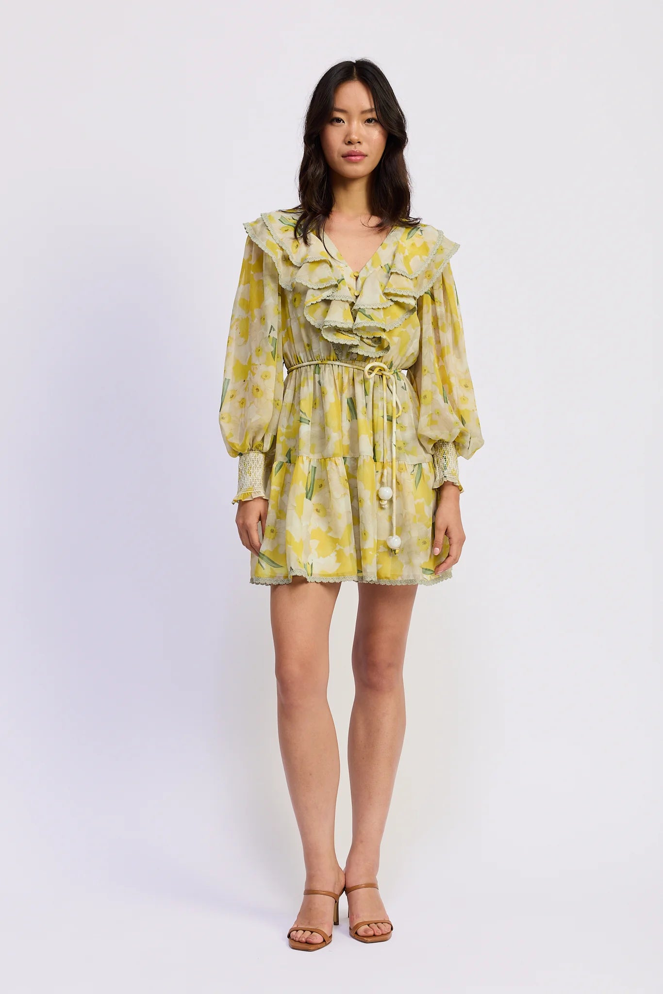 Yellow Ruffle Belted Dress