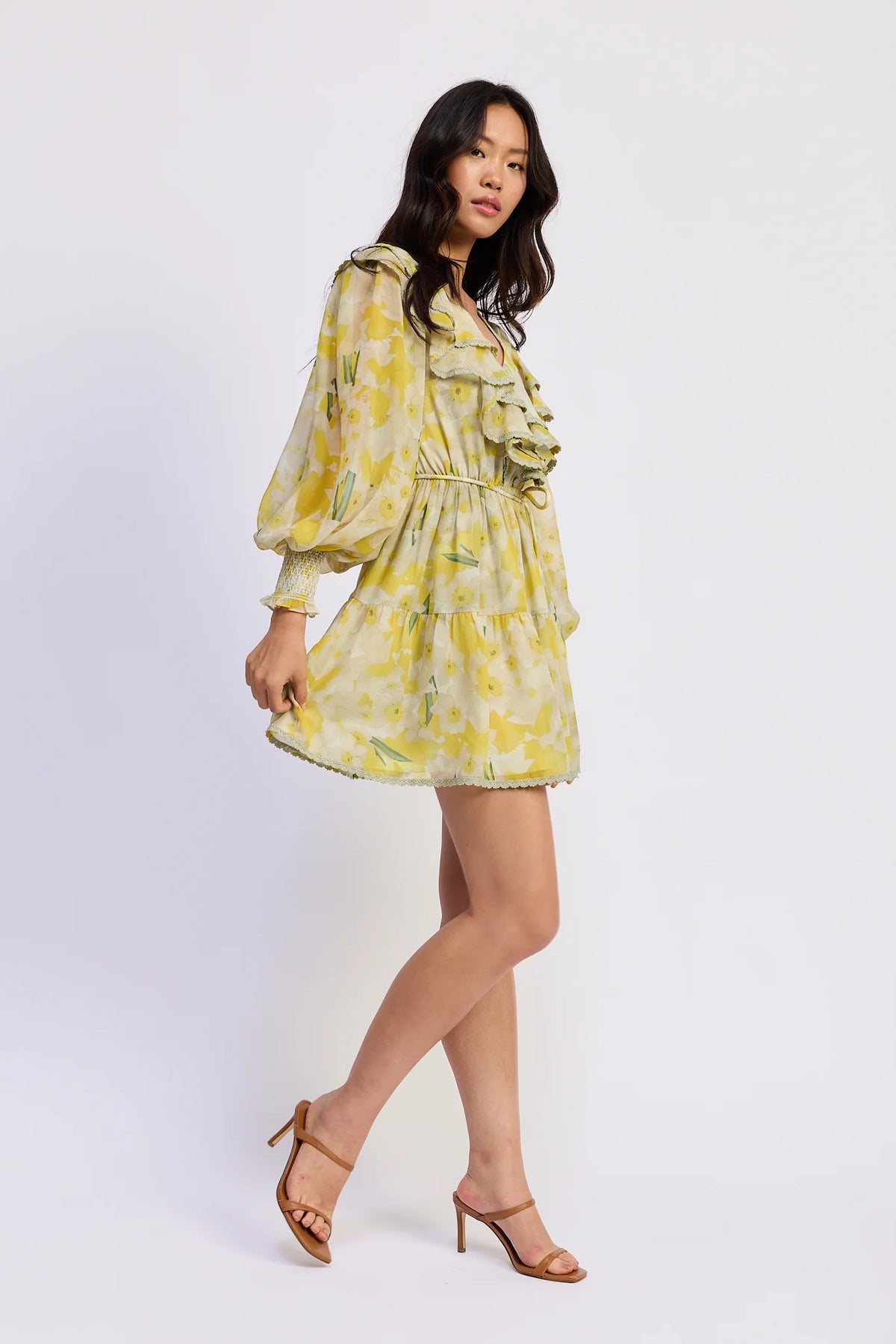 Yellow Ruffle Belted Dress