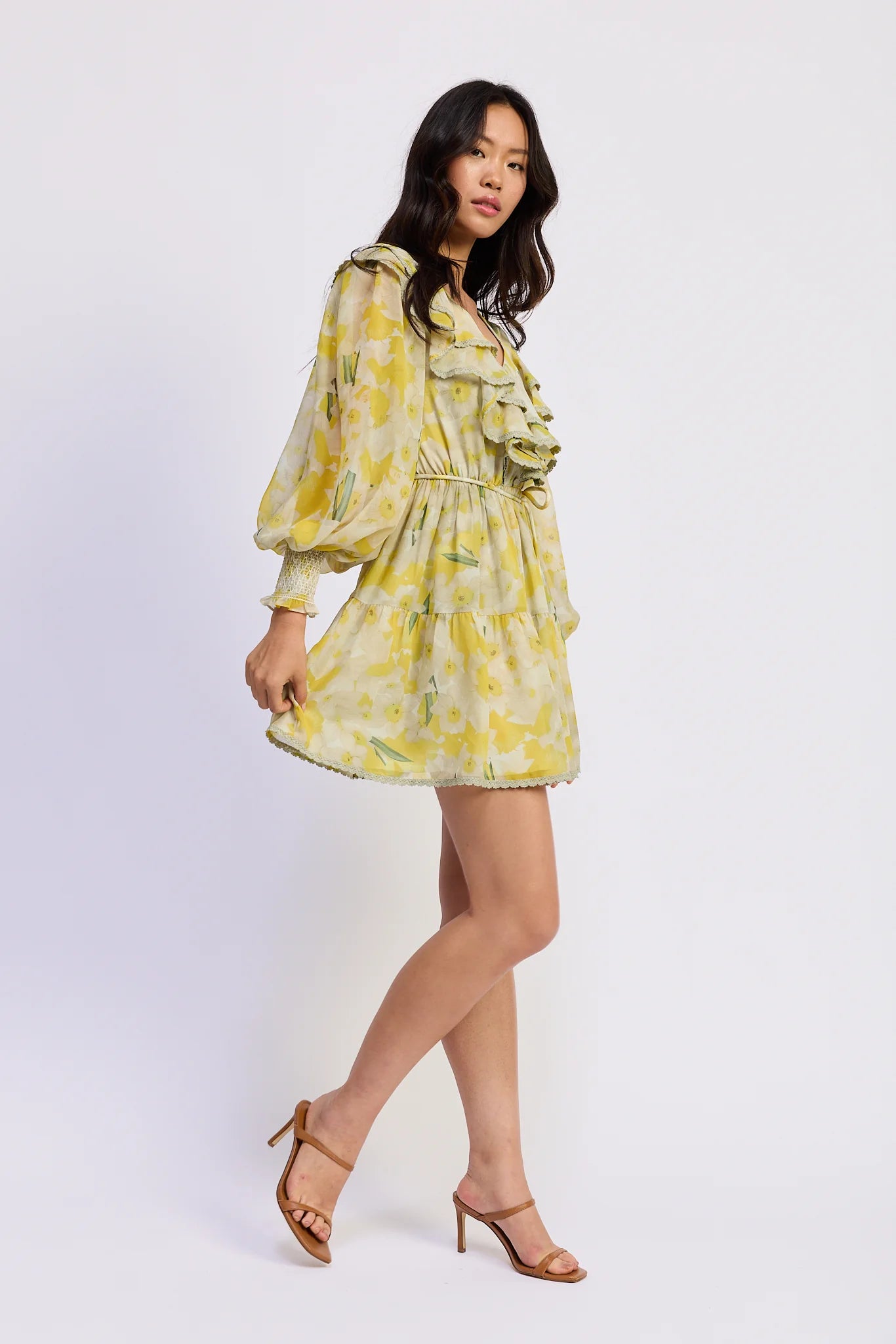 Yellow Ruffle Belted Dress