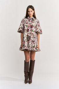 Burgundy/Pink Floral Buttondown Ruffle Mini Dress