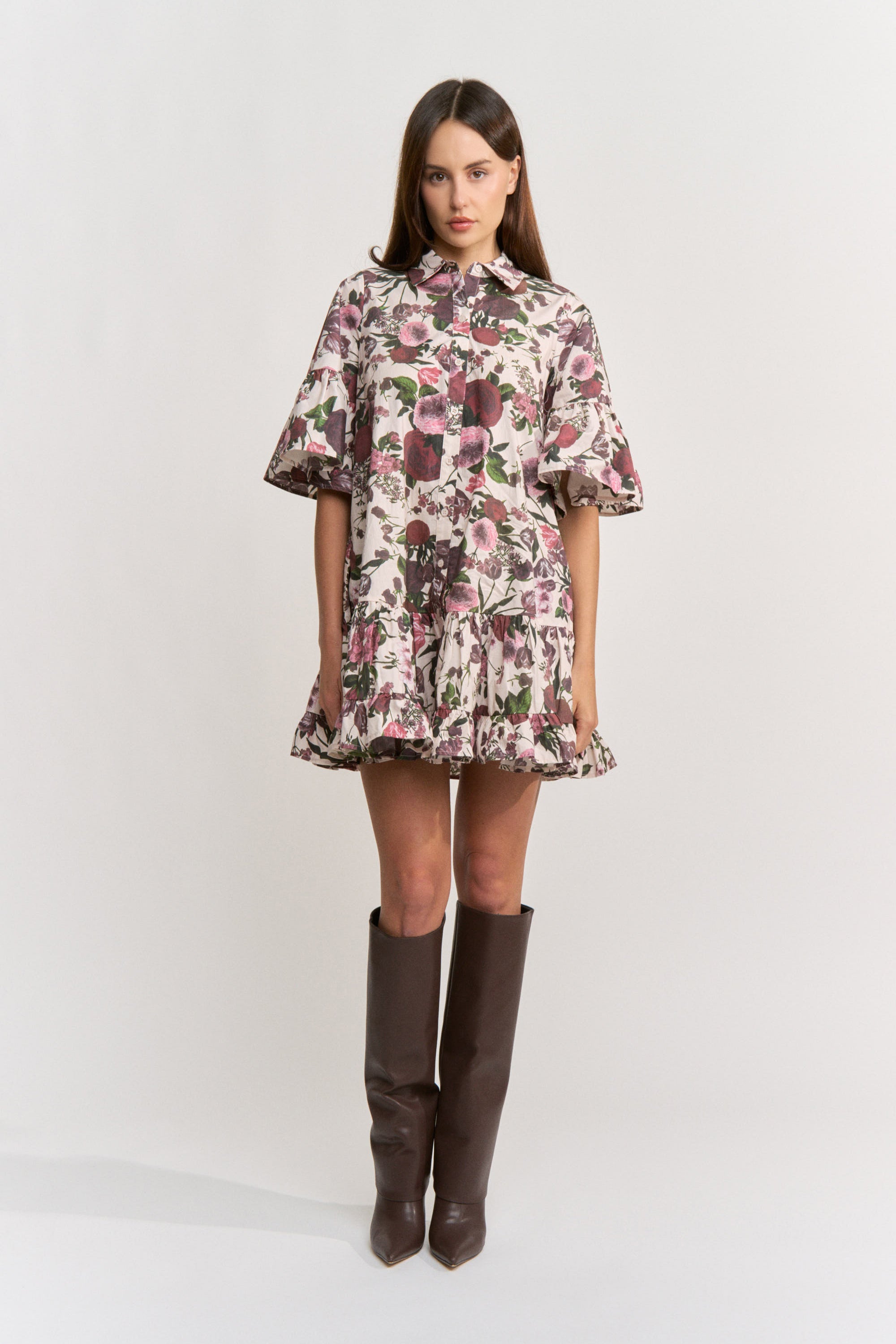 Burgundy/Pink Floral Buttondown Ruffle Mini Dress