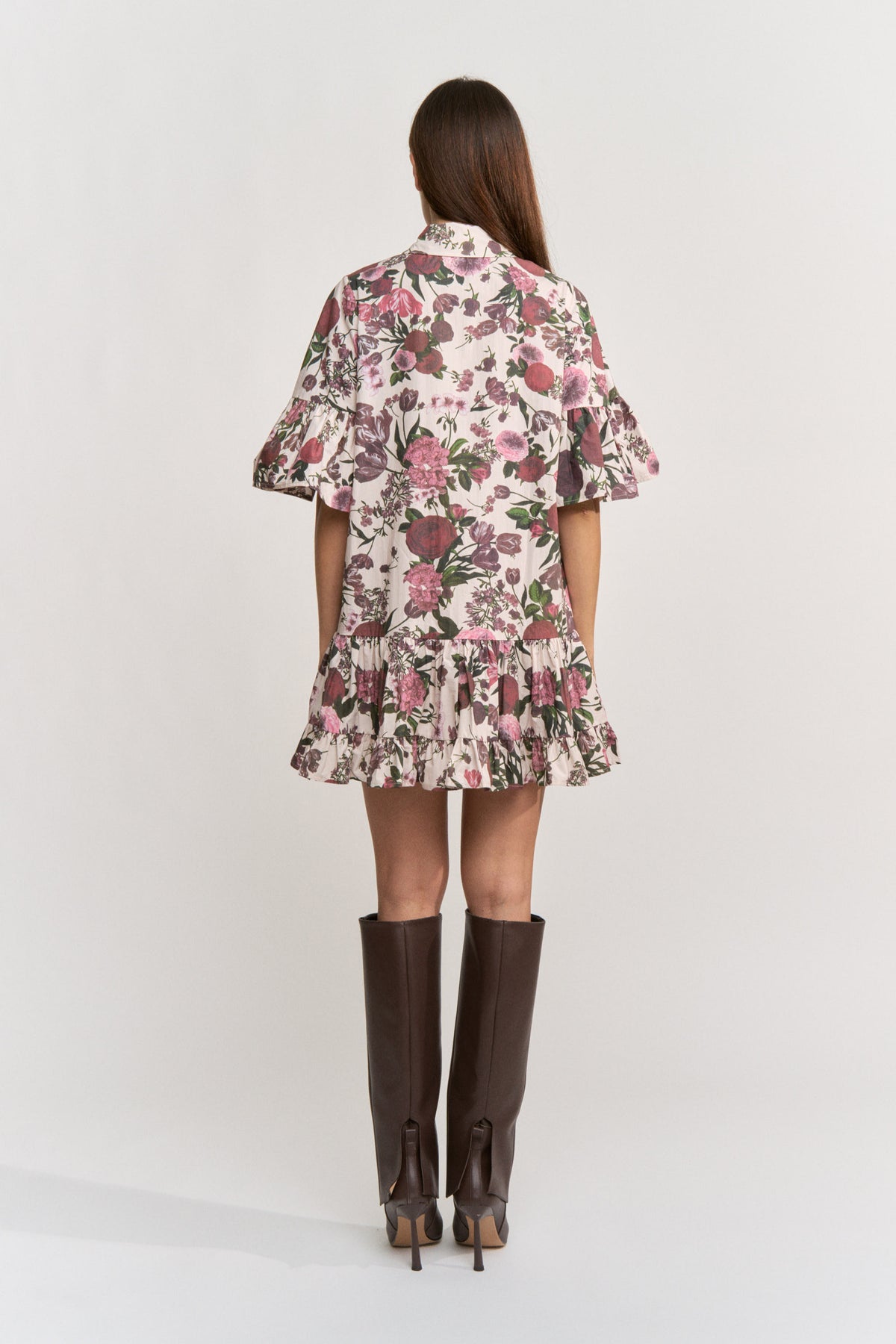 Burgundy/Pink Floral Buttondown Ruffle Mini Dress