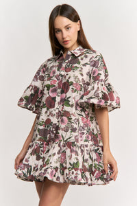 Burgundy/Pink Floral Buttondown Ruffle Mini Dress