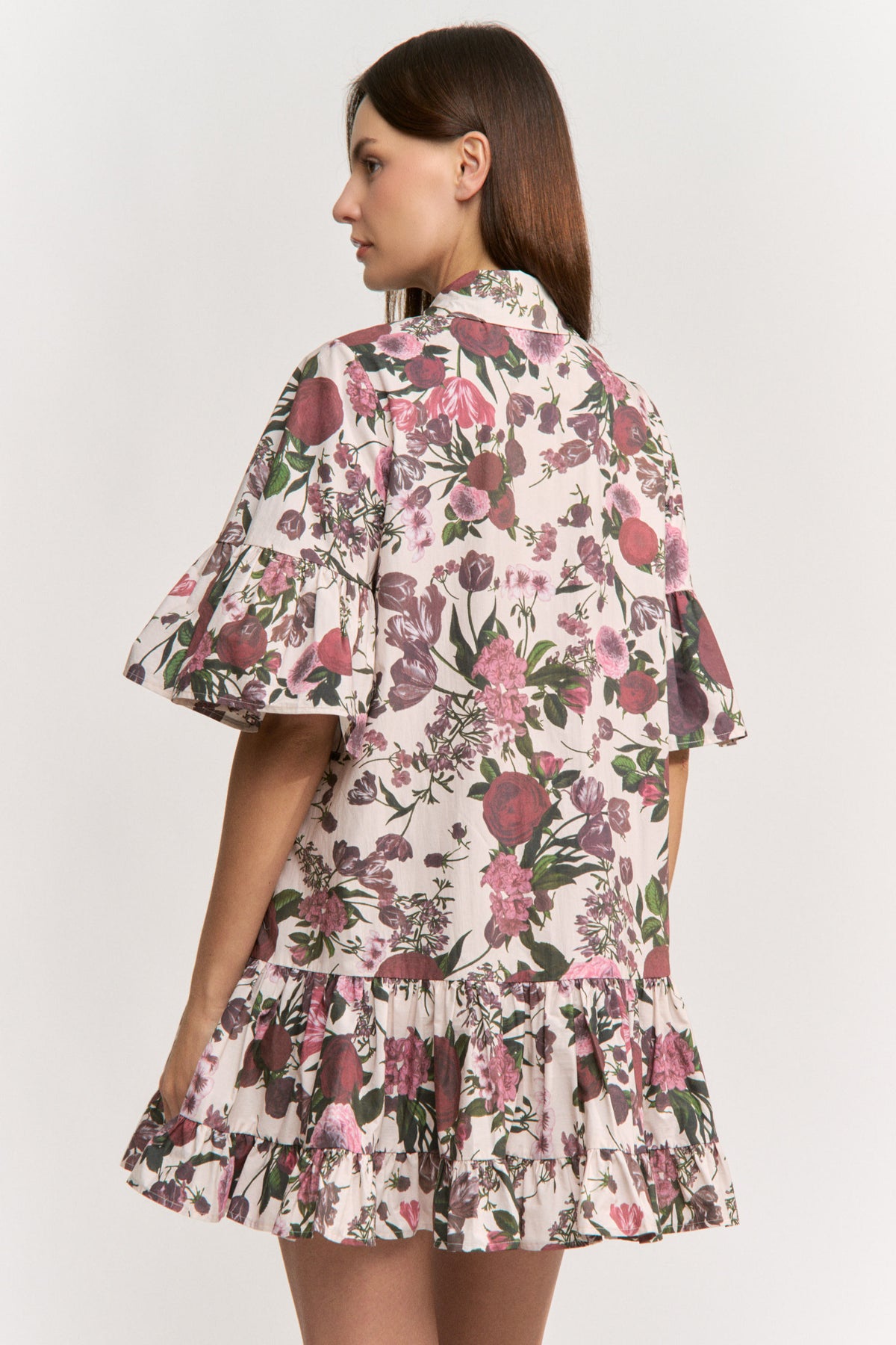 Burgundy/Pink Floral Buttondown Ruffle Mini Dress