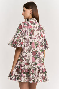 Burgundy/Pink Floral Buttondown Ruffle Mini Dress