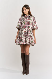 Burgundy/Pink Floral Buttondown Ruffle Mini Dress