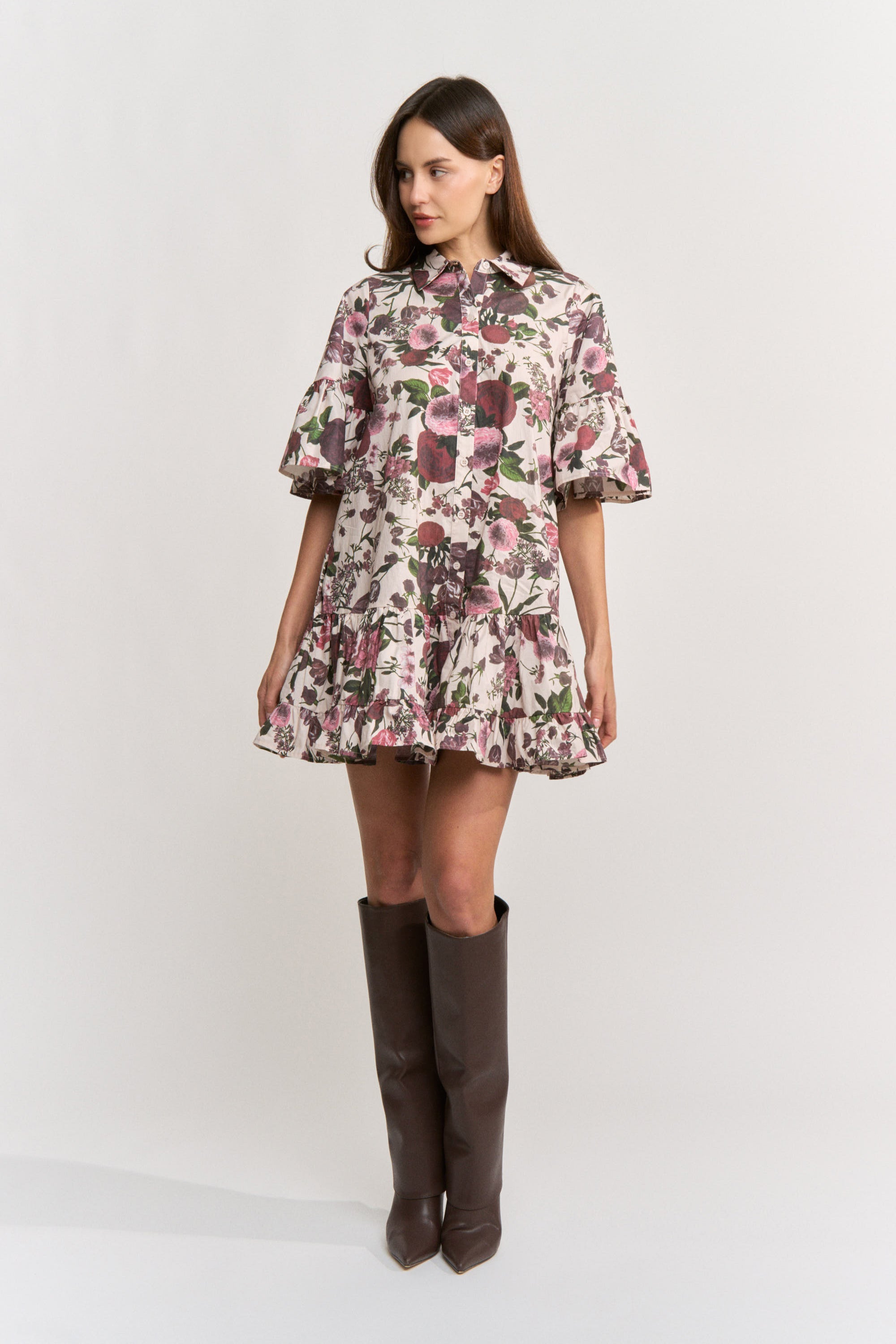Burgundy/Pink Floral Buttondown Ruffle Mini Dress