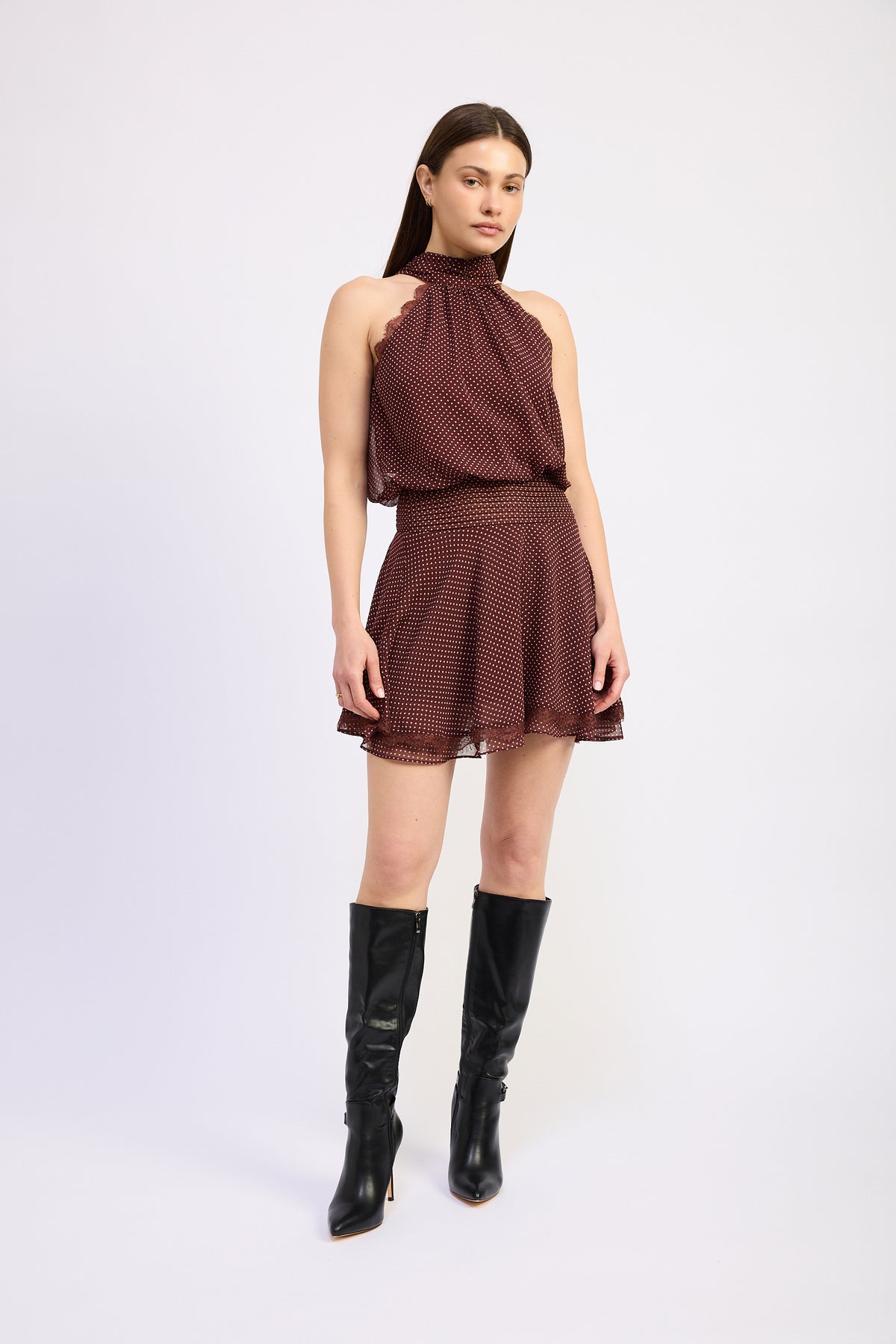 En Saison | Burgundy Dot Halter + Lace Trim Dress