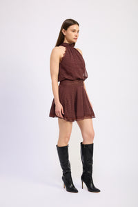 En Saison | Burgundy Dot Halter + Lace Trim Dress