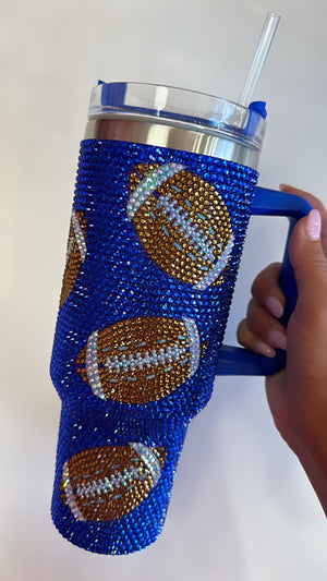 Queen of Sparkles Royal Blue Rhinestone Football Tumbler