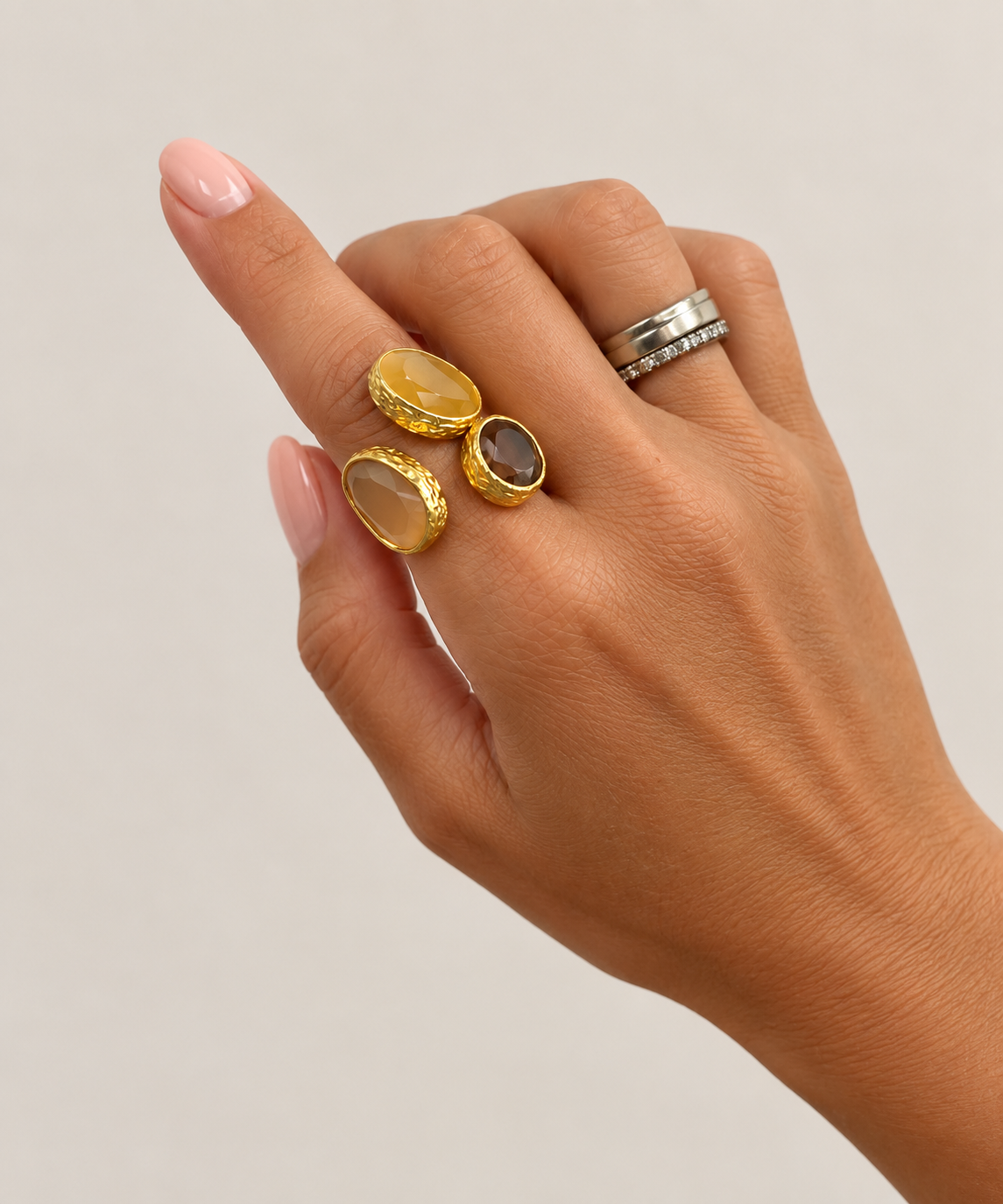 Adjustable Triple Cat Eye Gold Ring (Champagne, Honey, Brown)