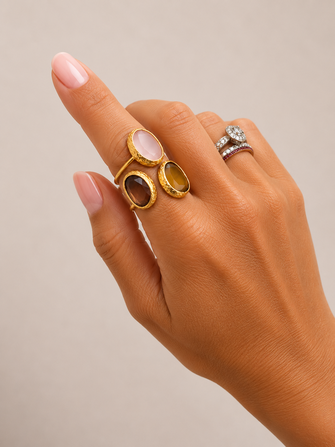 Adjustable Triple Cat Eye Gold Ring (Mauve, Blush, Brown)