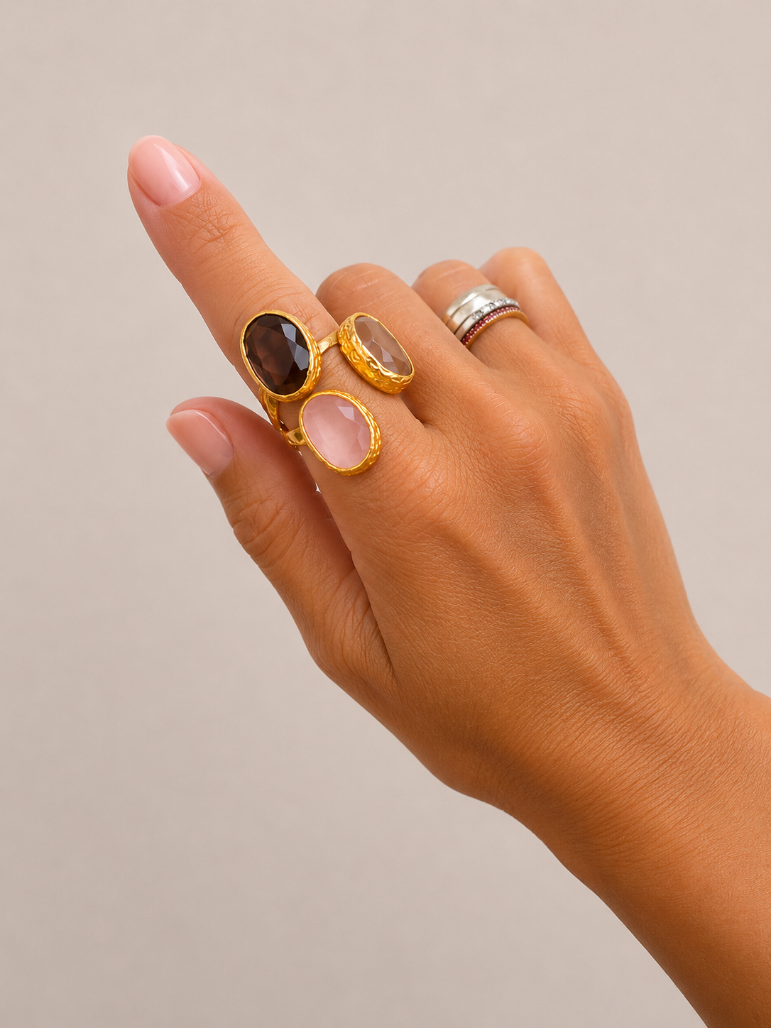 Adjustable Triple Cat Eye Gold Ring (Mauve, Blush, Deep Purple)