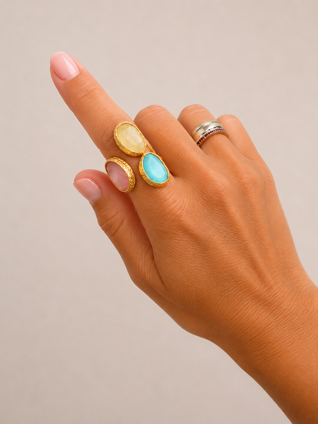 Adjustable Triple Cat Eye Gold Ring (Blush, Aqua, Buttercream)