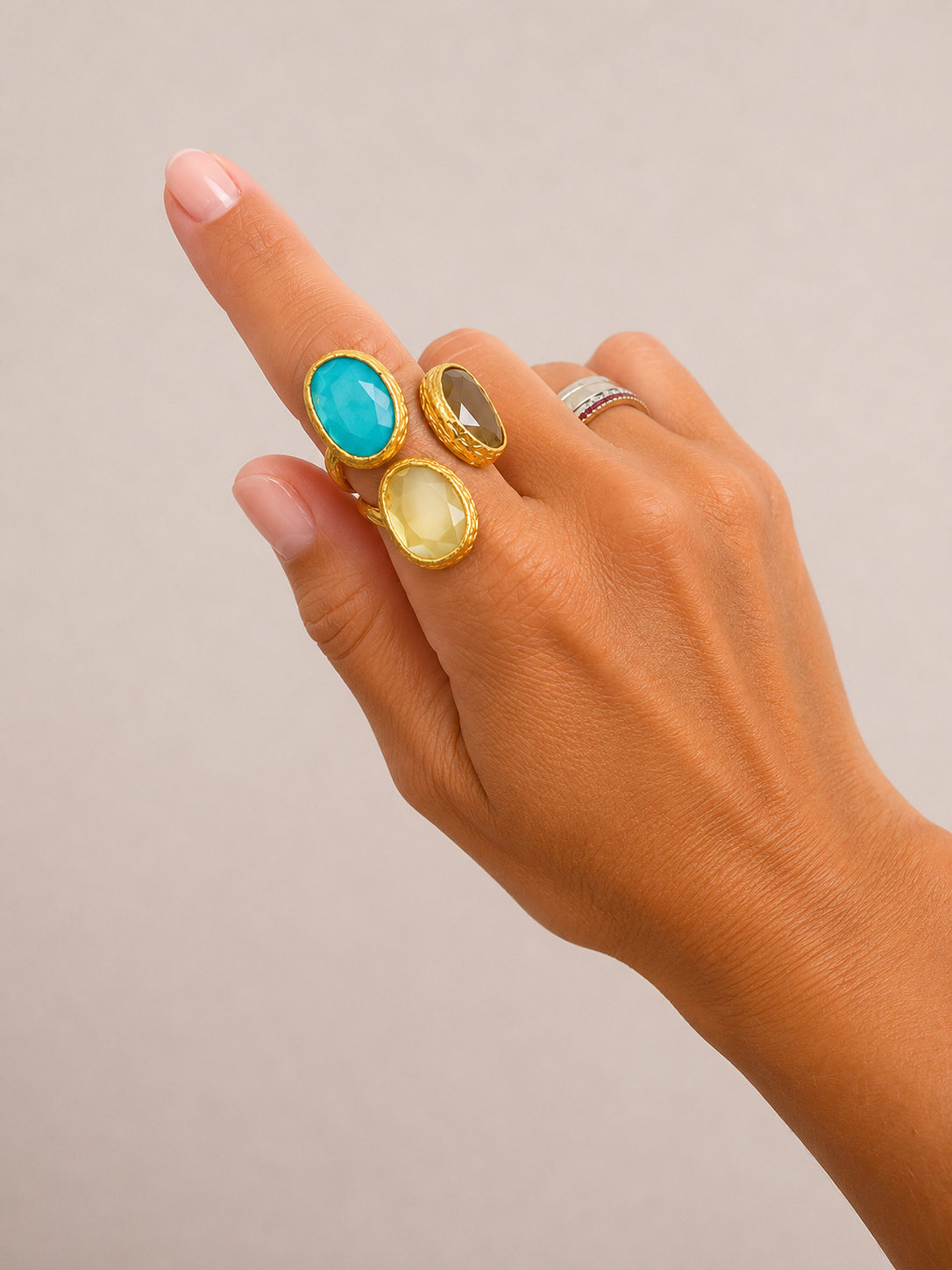 Adjustable Triple Cat Eye Gold Ring (Turquoise, Taupe, Buttercream)