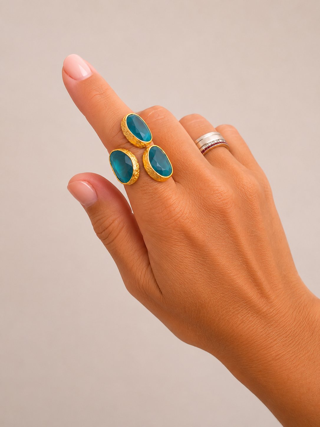 Adjustable Triple Cat Eye Gold Ring (Turquoise)