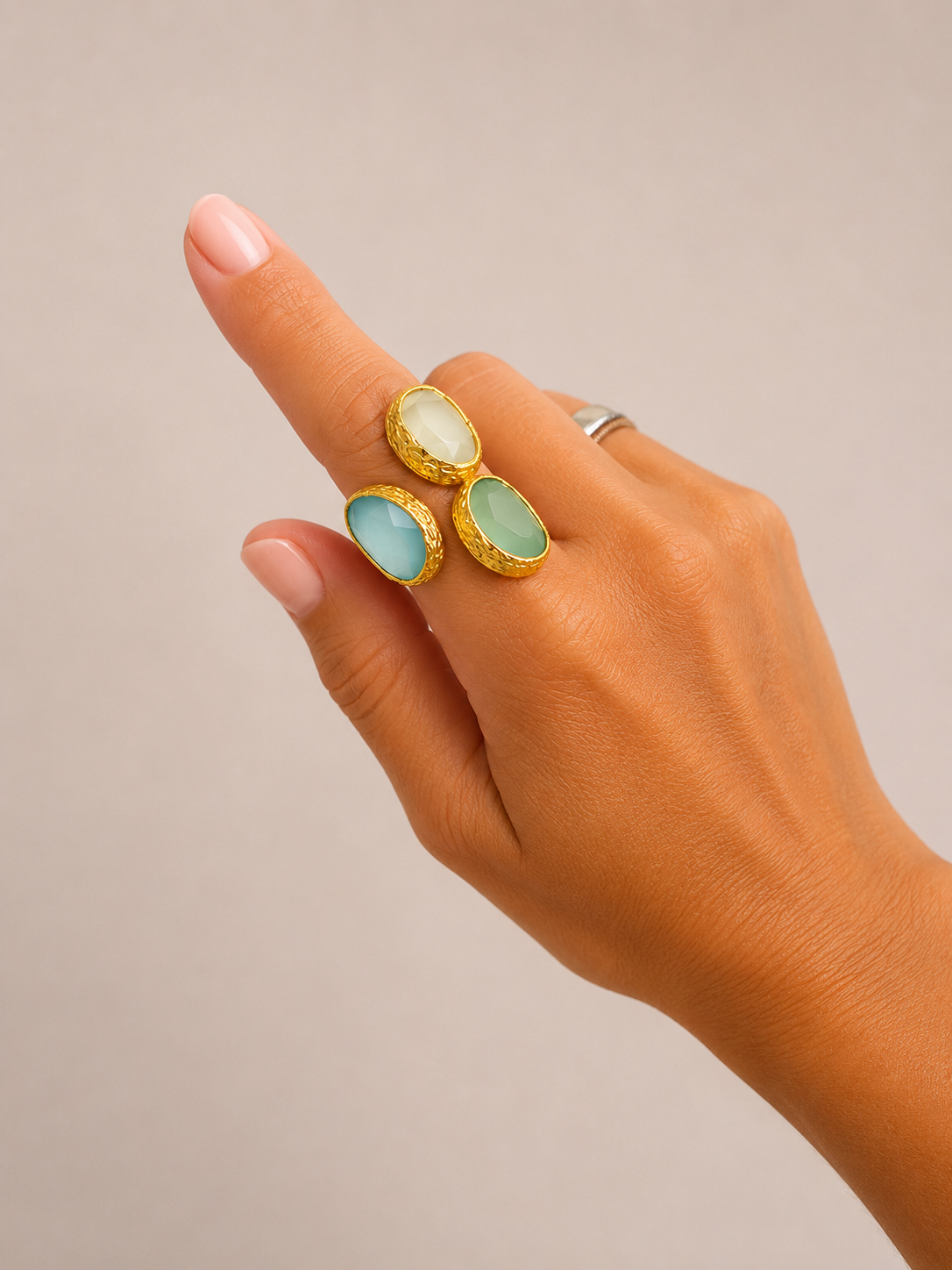 Adjustable Triple Cat Eye Gold Ring (Seafoam, Taupe, Sky Blue)