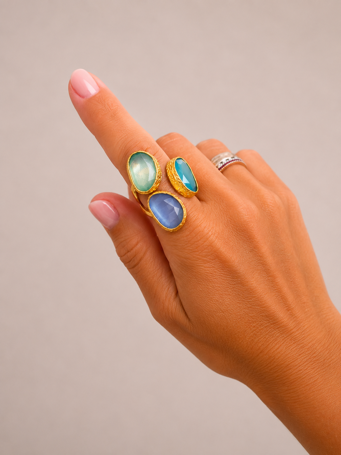 Adjustable Triple Cat Eye Gold Ring (Seafoam, Teal, Dusty Blue)