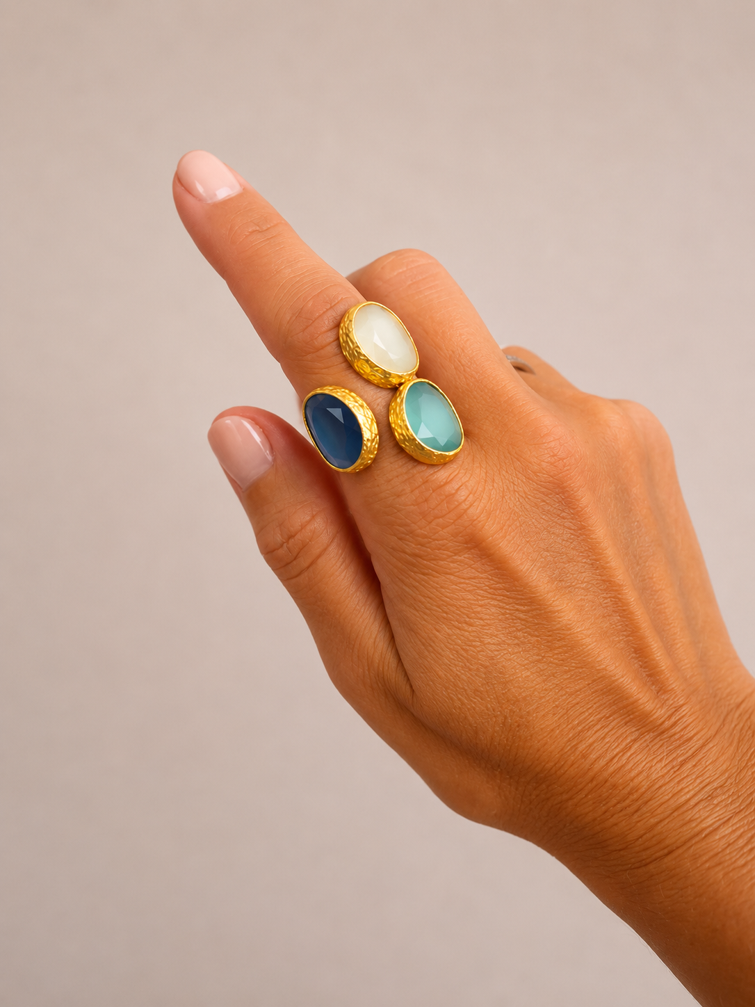 Adjustable Triple Cat Eye Gold Ring (Seafoam, Buttercream, Dusty Blue)