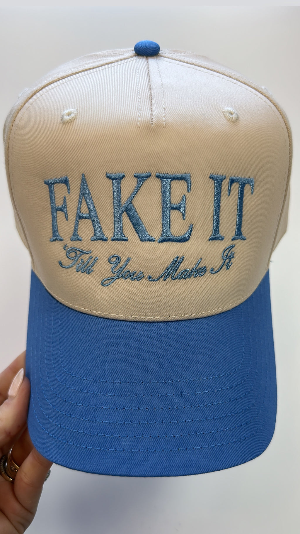 Tan and Blue FAKE IT TILL YOU MAKE IT Trucker Hat