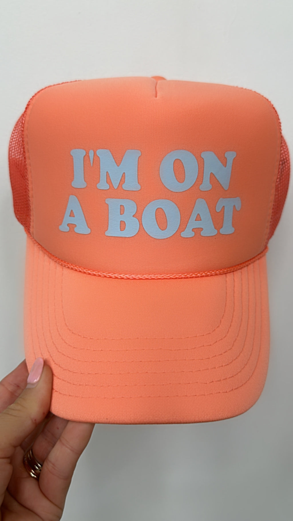 Coral “I’m On A Boat” Trucker Hat