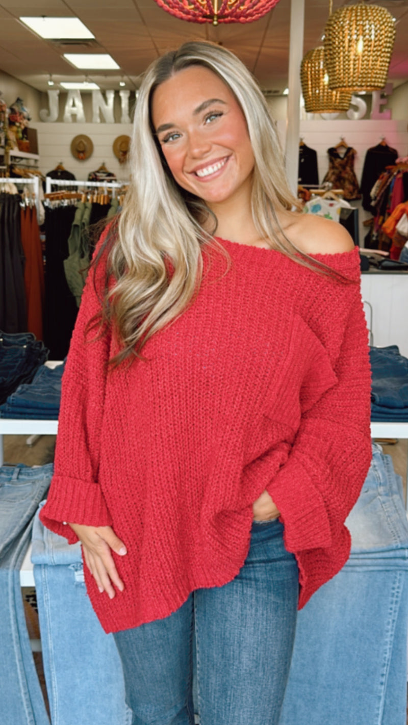 Red One Size Chenille Sweater