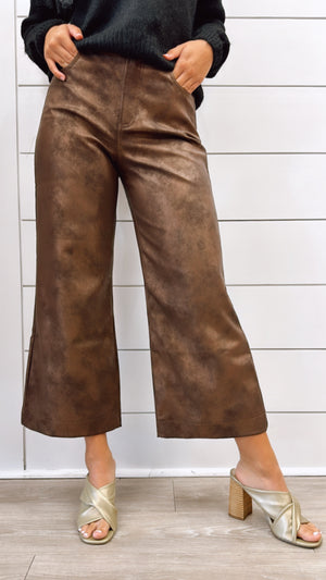 Dear John Audrey Super High Rise Brown Shimmer Vegan Leather Wide Leg Pants