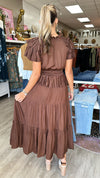 Moon River Chocolate Pleated Tiered Midi Dress