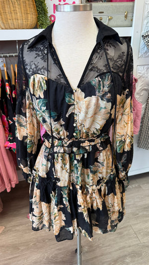 Black Floral and Lace Peregrine Mini Dress (1 MEDIUM)