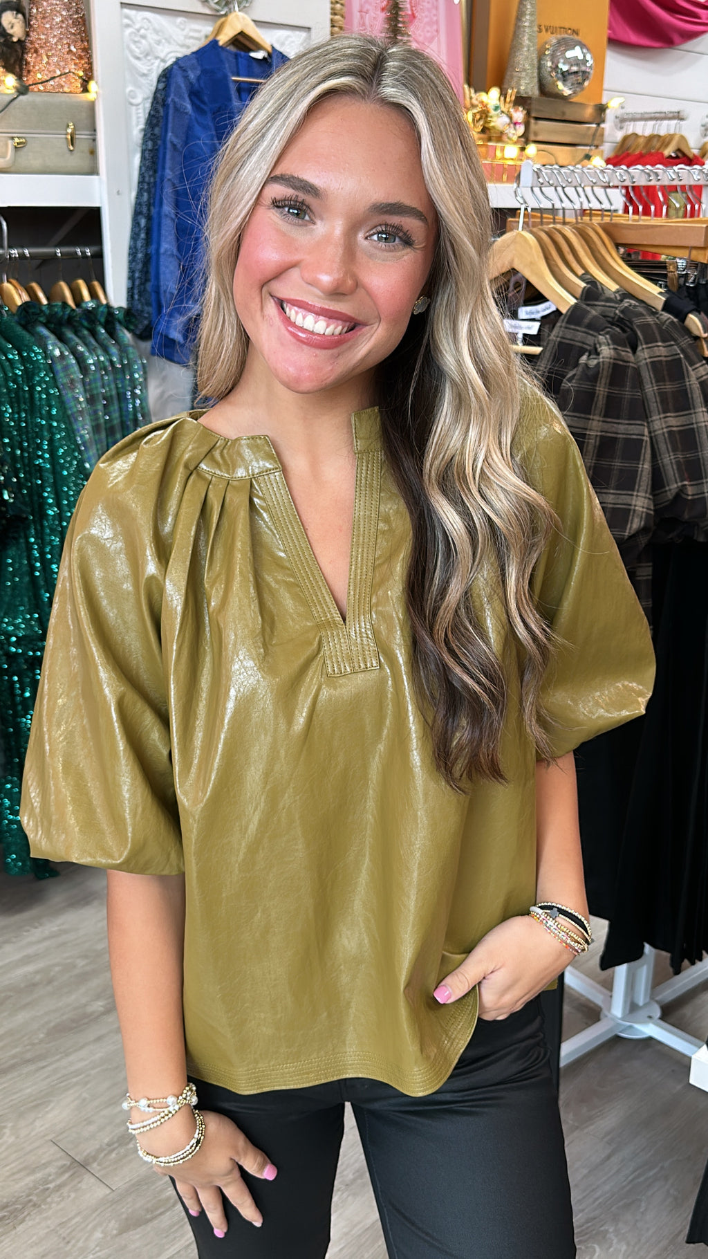 THML Olive Pleather Puff Sleeve Top