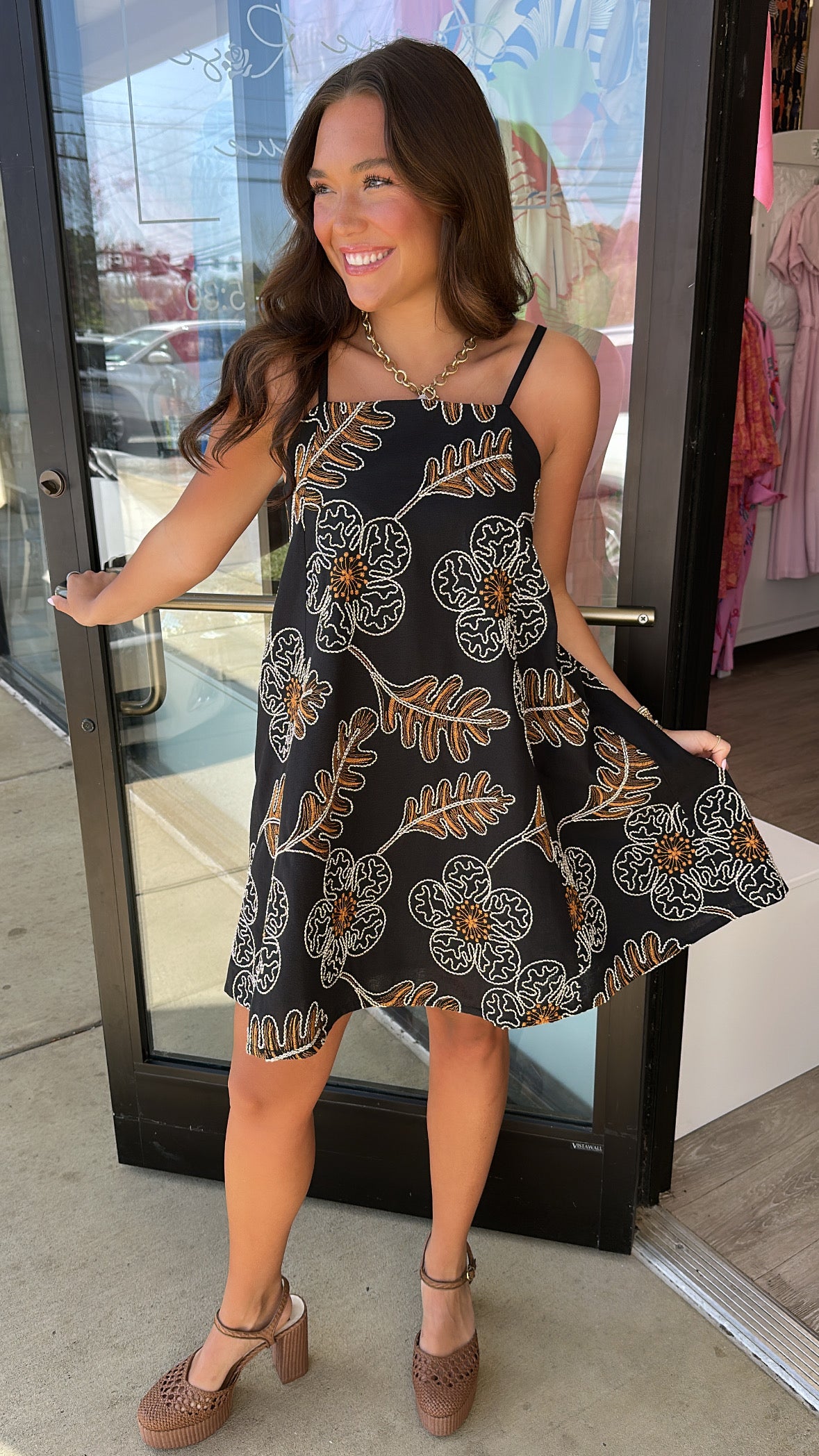 Black Embroidered A-Line Slip Dress