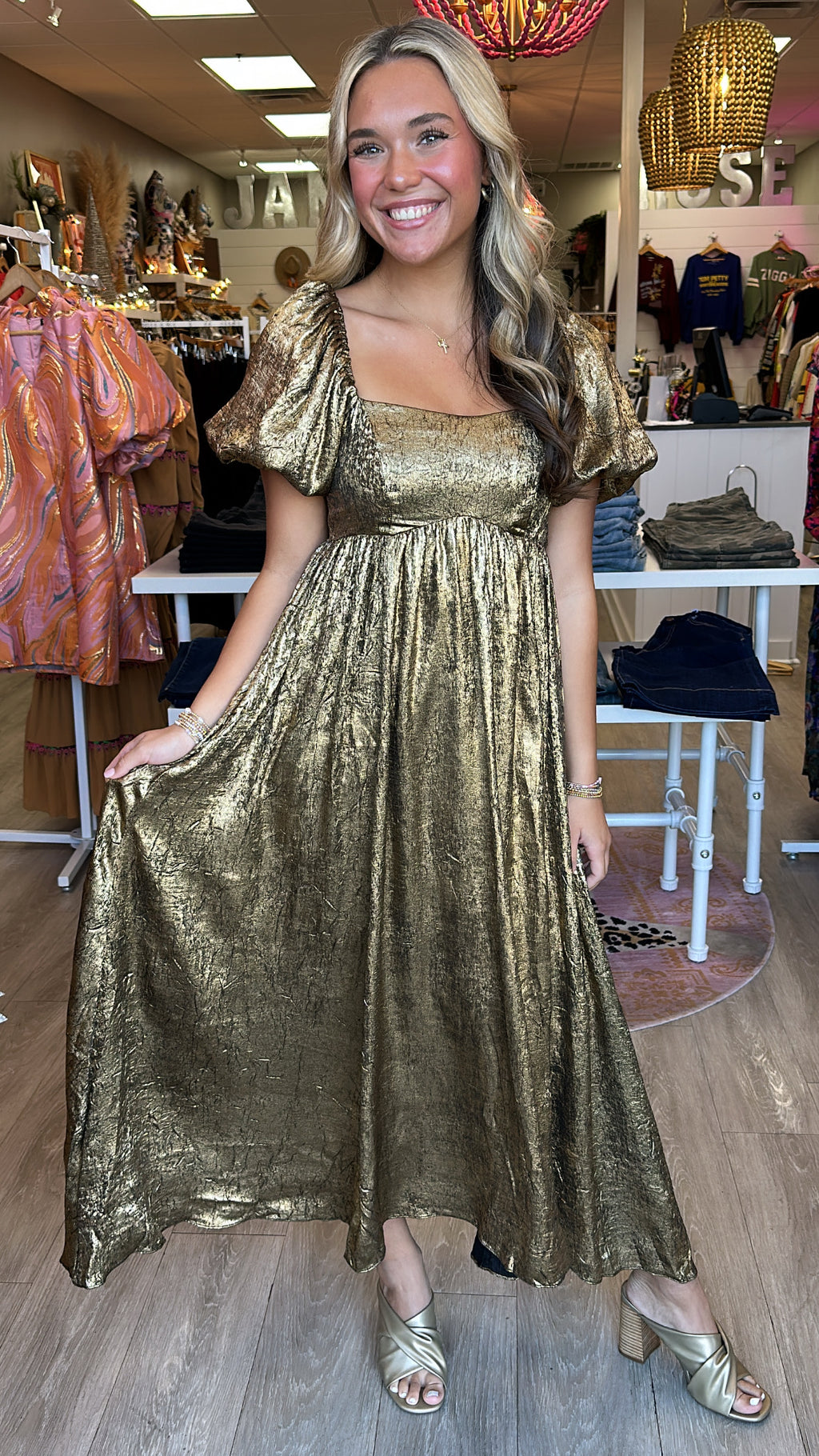 Moon River Gold Puff Sleeve Maxi Dress (SMALL)