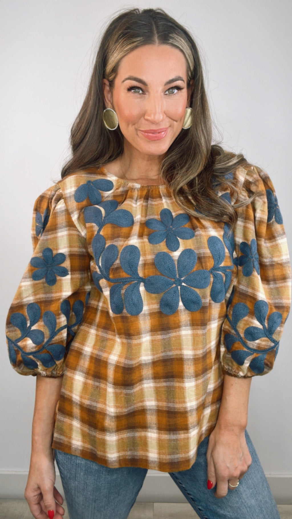 Ivy Jane Gold Plaid Embroidery Top