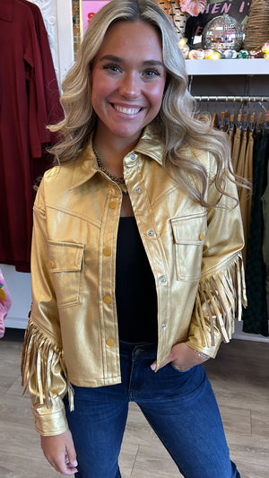 Karlie Gold Metallic Pleather Fringe Jacket