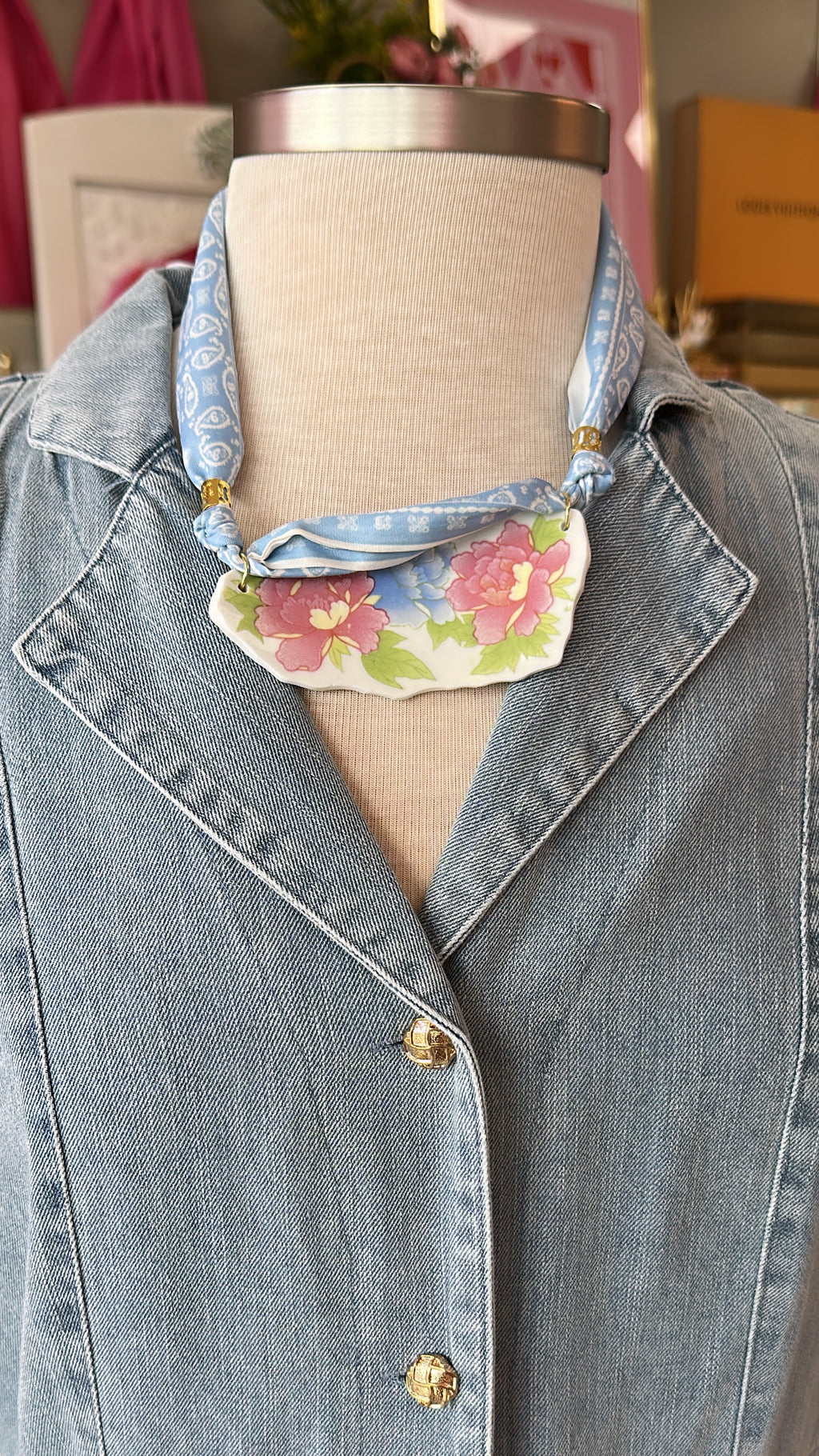 Vintage China Scarf Necklace (Baby Blue)