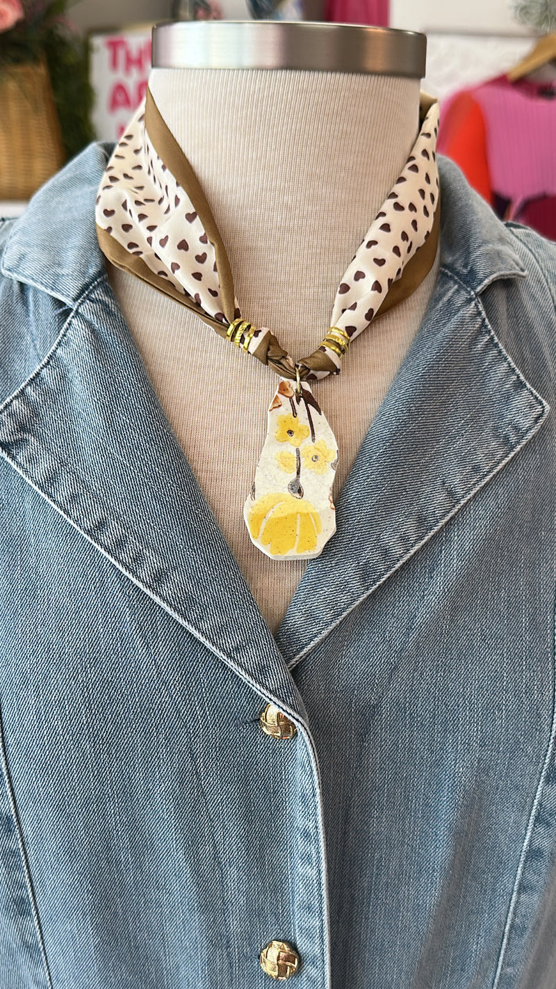 Vintage China Scarf Necklace (Brown Hearts)