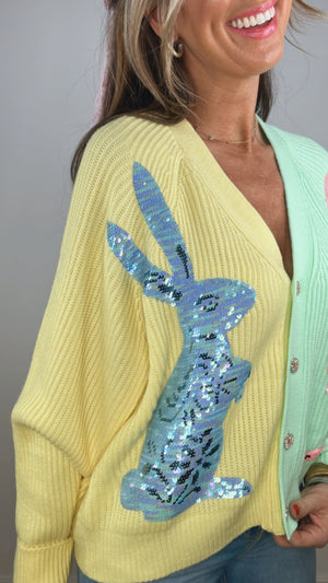 Queen of Sparkles Easter Bunny Colorblock Cardigan (MEDIUM)