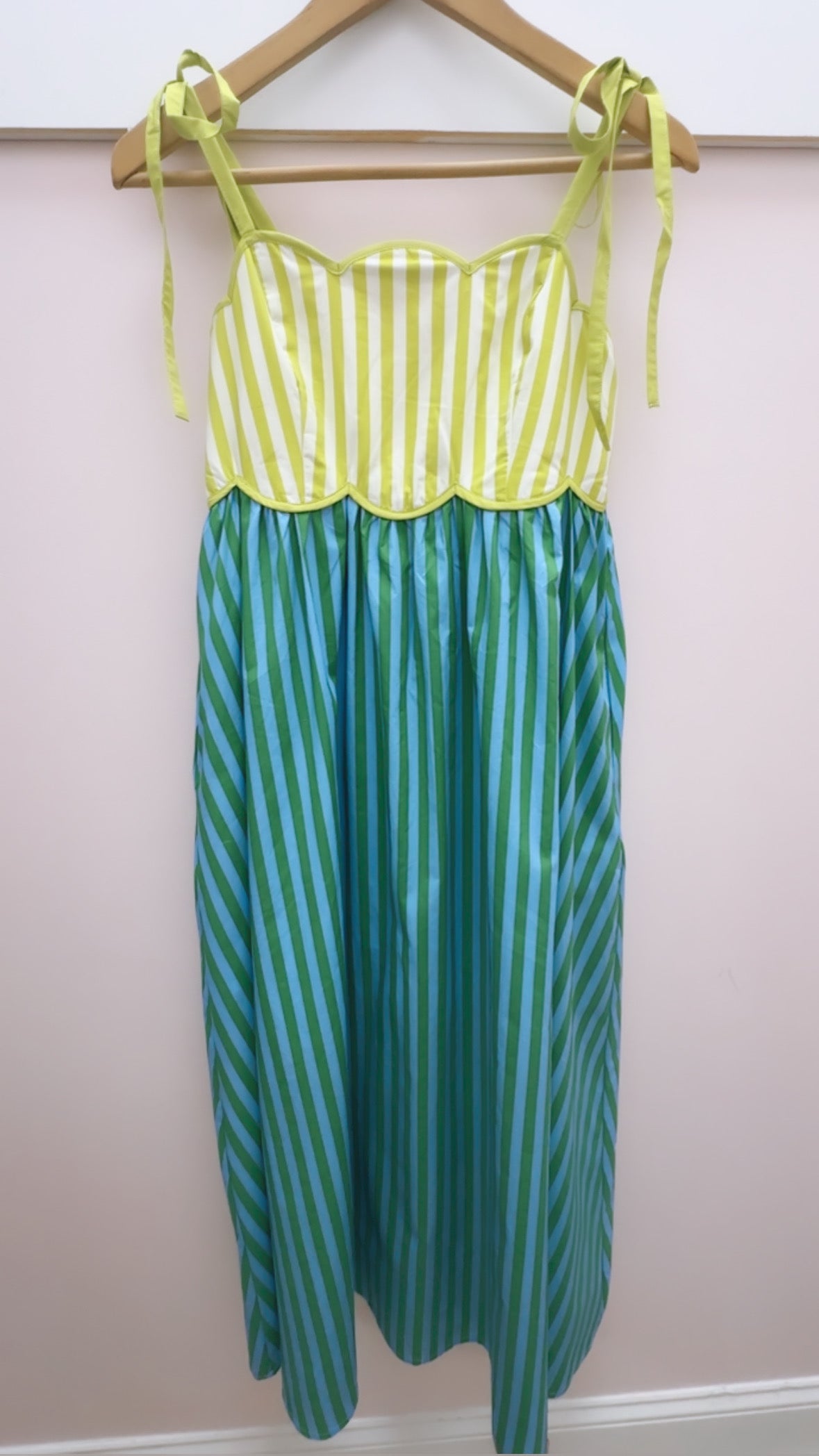 Kiwi Green Striped Scallop Midi Dress