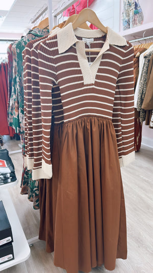 Moon River Brown Striped 2fer Midi Dress