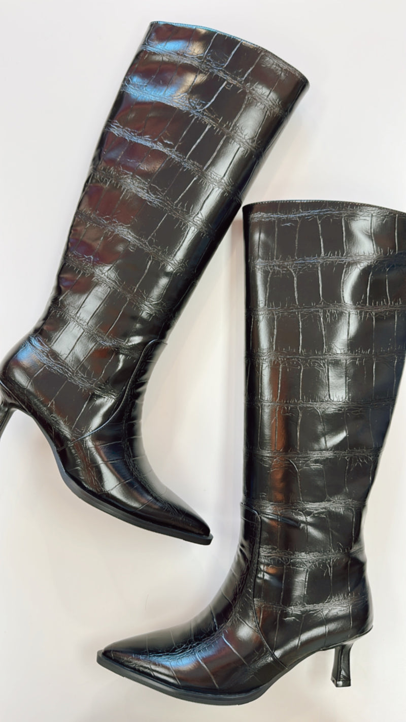 Shushop Vanessa Black Croco Knee High Boots