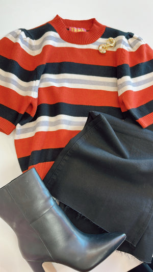 THML Short Sleeve Rust, Black and Grey Stripe Sweater Top